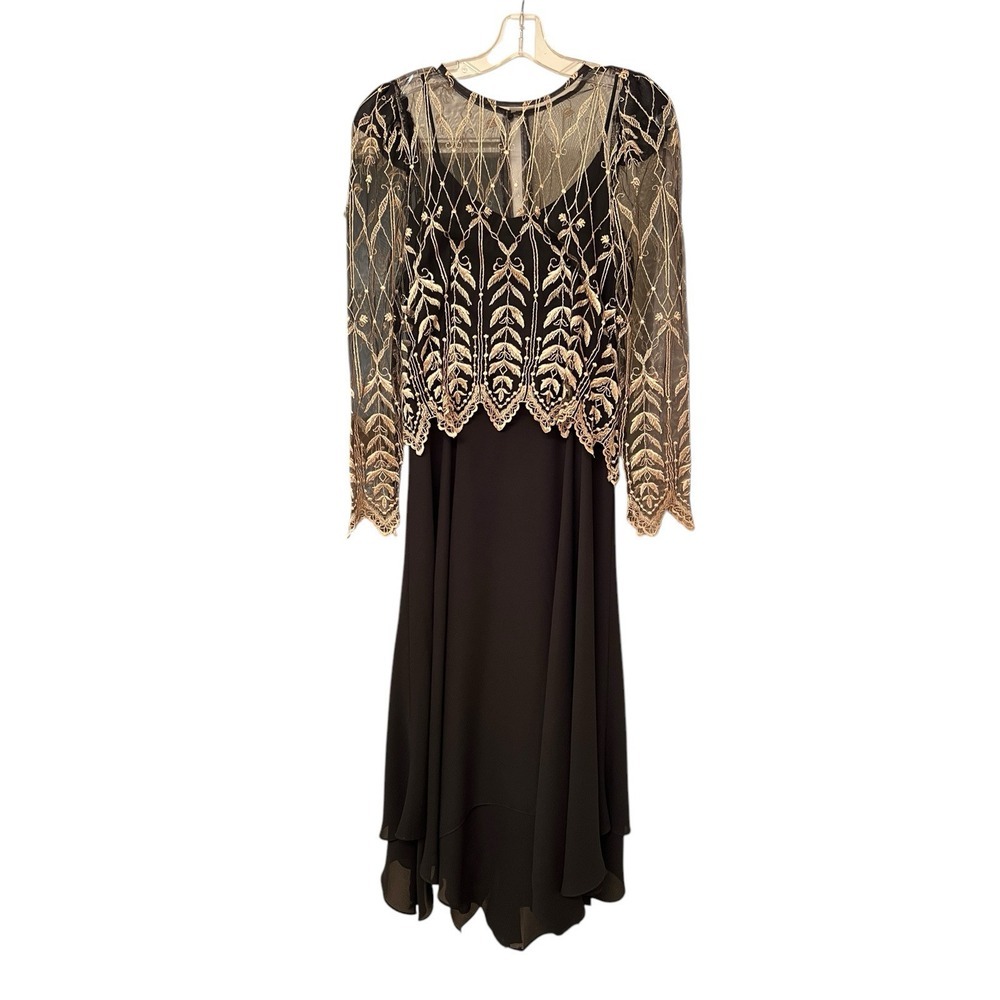 VINTAGE Cachet By Bari Protas 7/8 Black Gold Lace Maxi Dress Evening Shark-bite